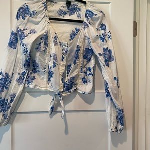 Adorable button up tie front floral crop